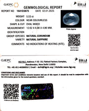 5.53/CT Natural White Sapphire with Govt Lab Certificate (6771)
